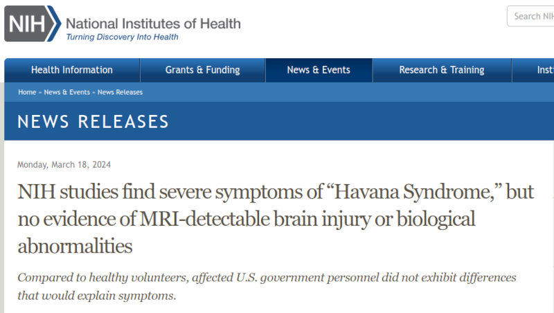 NIH studies find severe symptoms of 'Havana Syndrome,' but no evidence of MRI-detectable brain injury or biological abnormalities